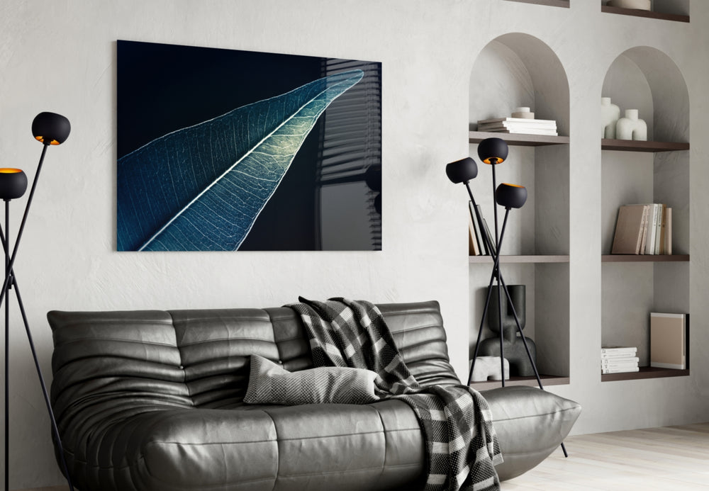 Green Leaf glass wall art styled above a desk in a botanical study