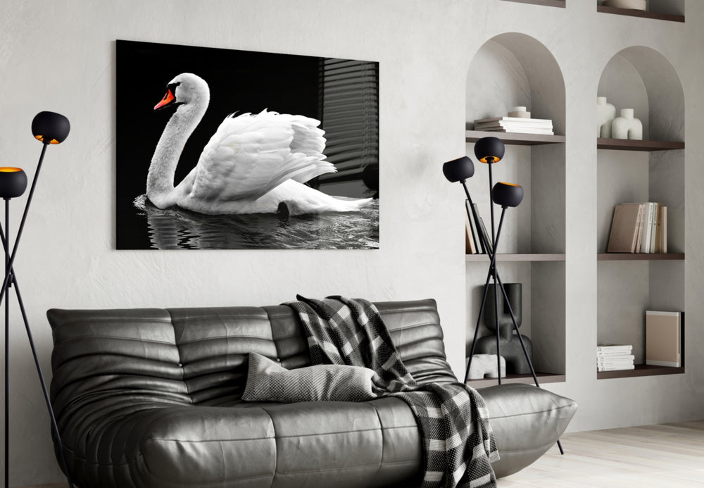 Swan glass wall art styled above a bed in a serene bedroom