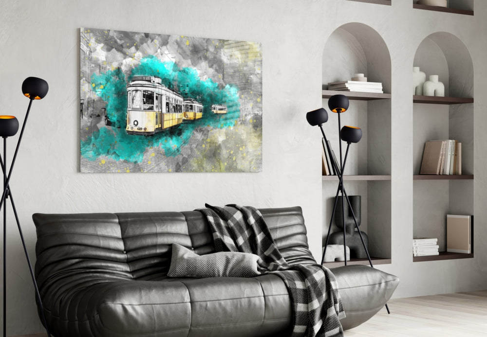 Illustration Tram glass wall art styled in a creative studio