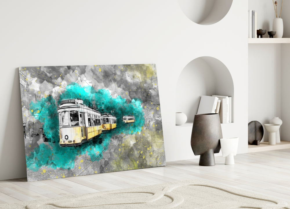 Close-up detail of yellow Lisbon trams against teal watercolor splatter