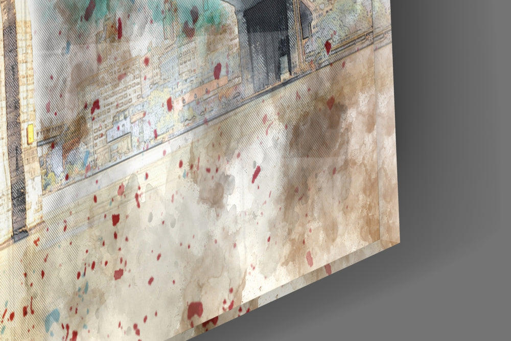 Illustration bridge artwork anchoring a travel-themed wall in bright palette