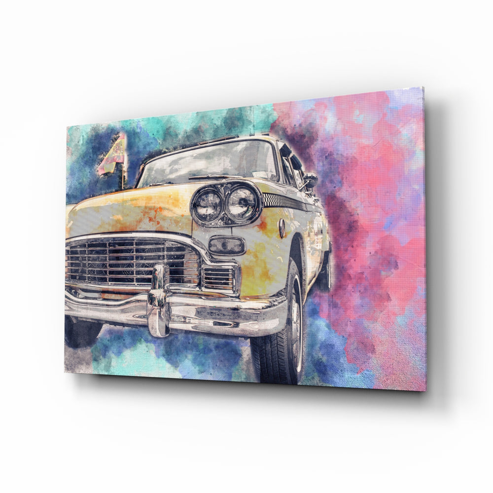 Illustration Taxi glass wall art displayed above a console in a designer interior