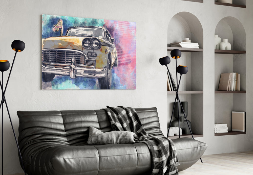 Illustration Taxi glass wall art styled in a creative studio