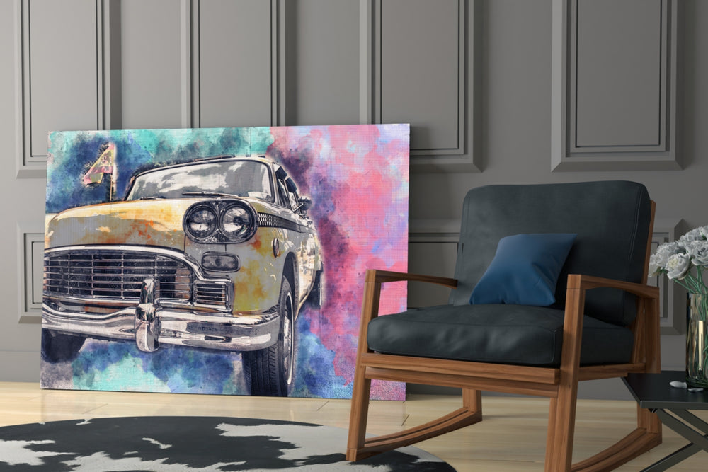 Illustration Taxi glass print enhancing a hallway with vintage drama