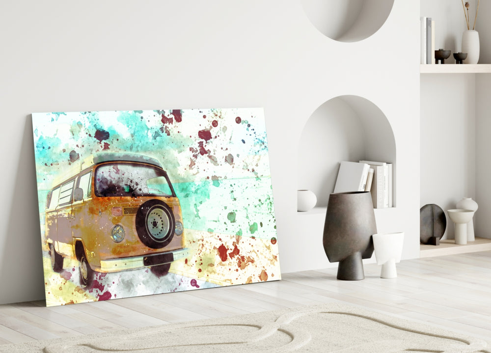 Close-up detail of yellow VW camper with turquoise watercolor splatter