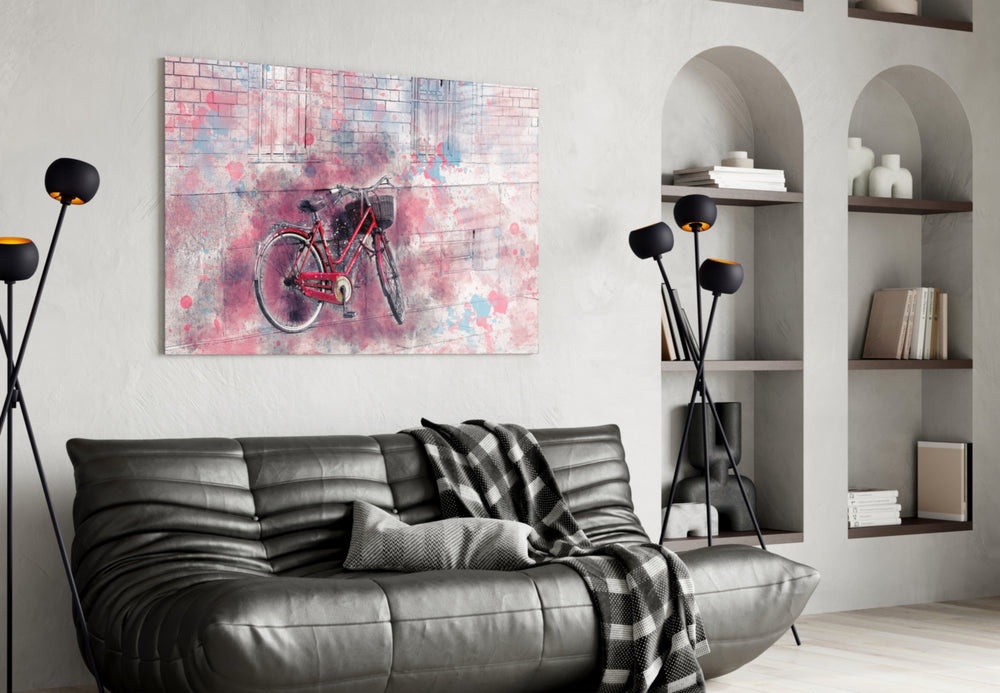 Illustration Bicycle glass wall art styled in a creative studio