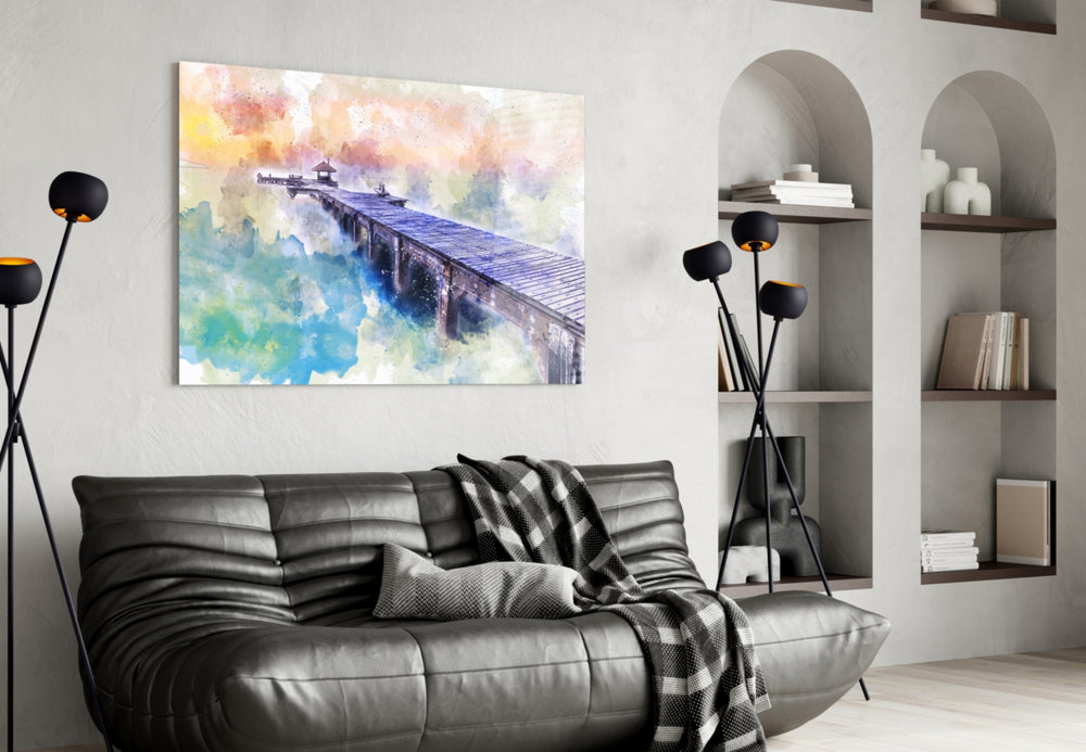 Illustration Dock glass wall art styled above a bed in a watercolor-mood bedroom