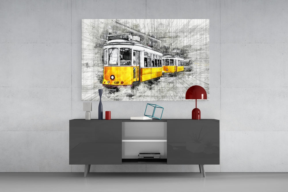 Yellow Tram Basel panel catching daylight to reveal its pencil cross-hatching