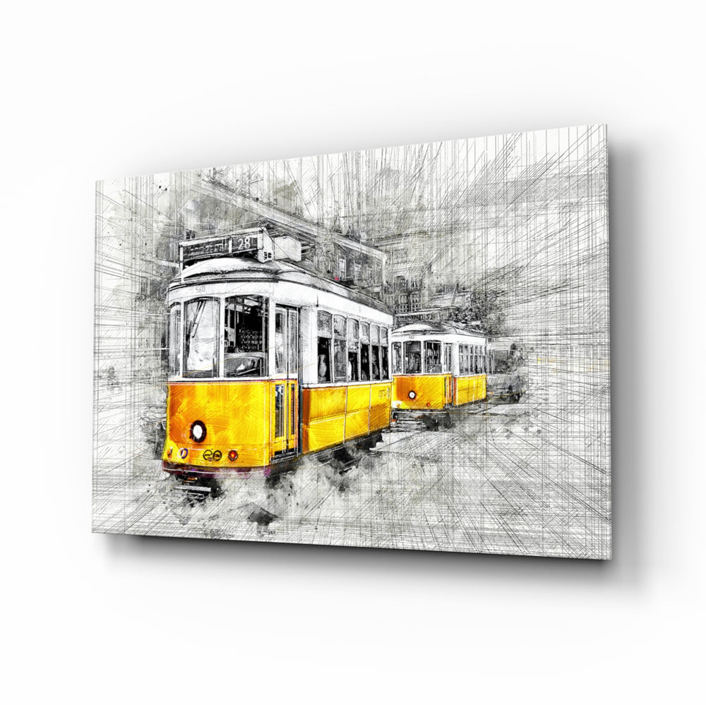 Yellow Tram Basel glass wall art displayed above a console in a designer interior