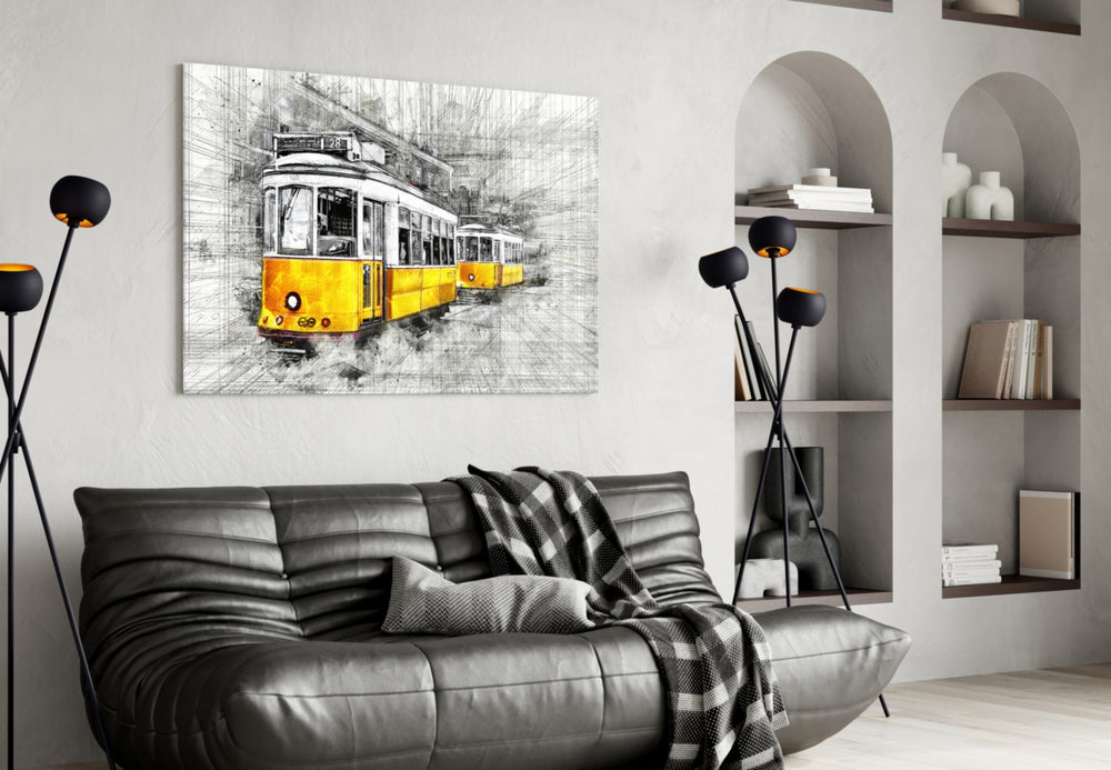 Yellow Tram Basel glass wall art styled in a creative studio