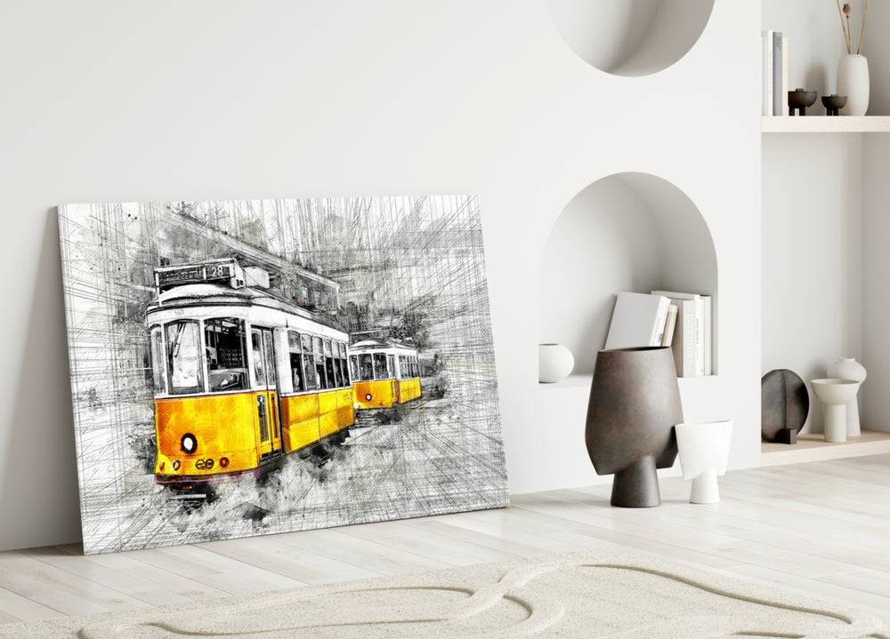 Close-up detail of two yellow trams on a graphite cross-hatched street