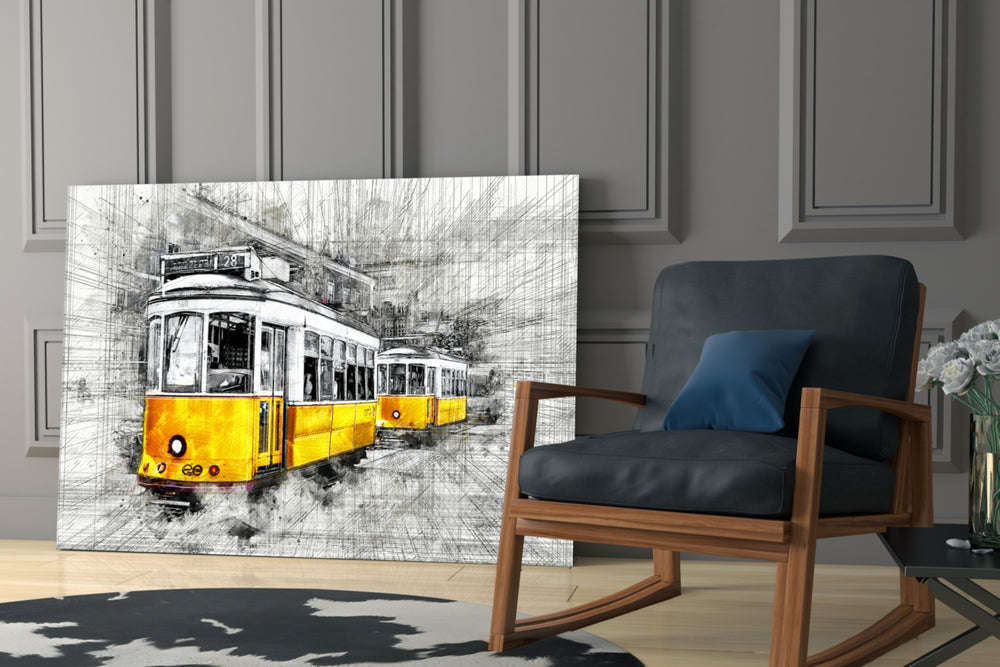 Yellow Tram Basel glass print enhancing a hallway with cultural drama