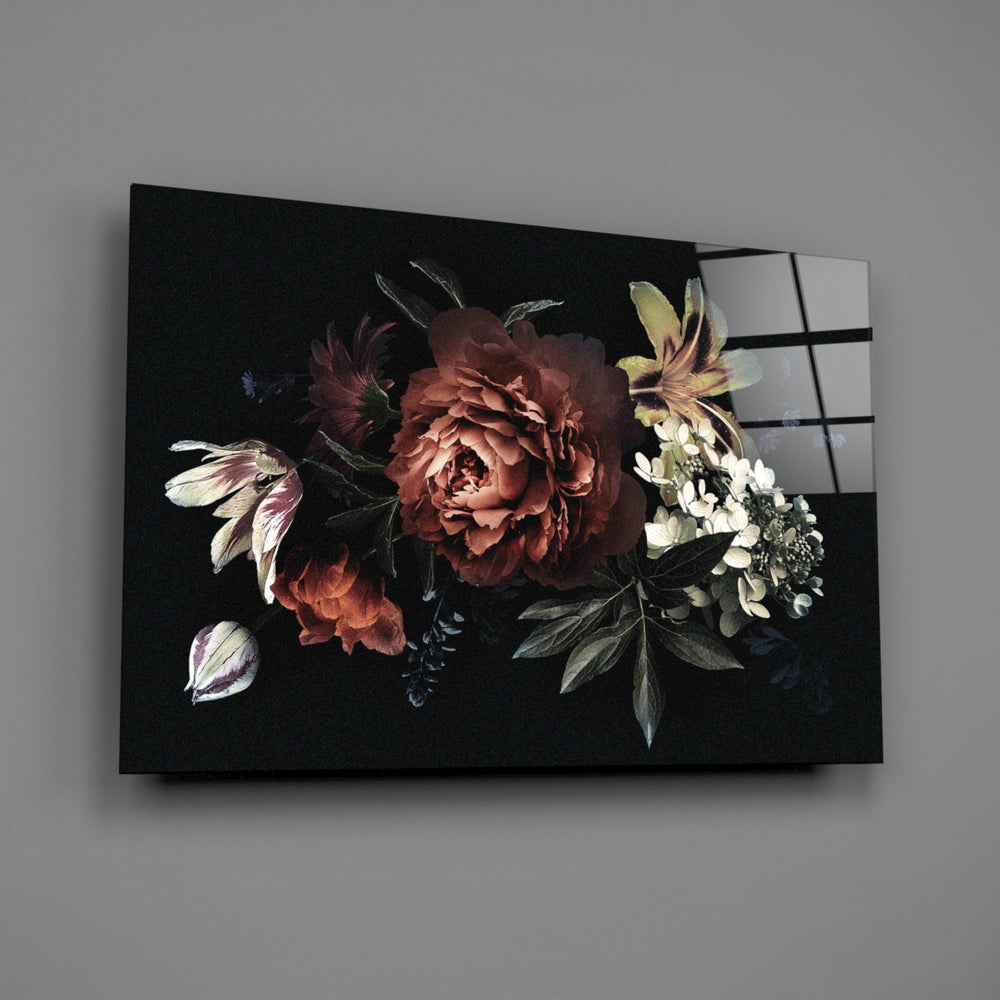 Dark bouquet panel bringing old-master mood to a contemporary living space