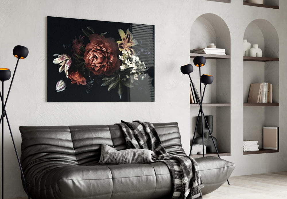 Floral Pattern glass wall art styled above a sideboard in a dining room