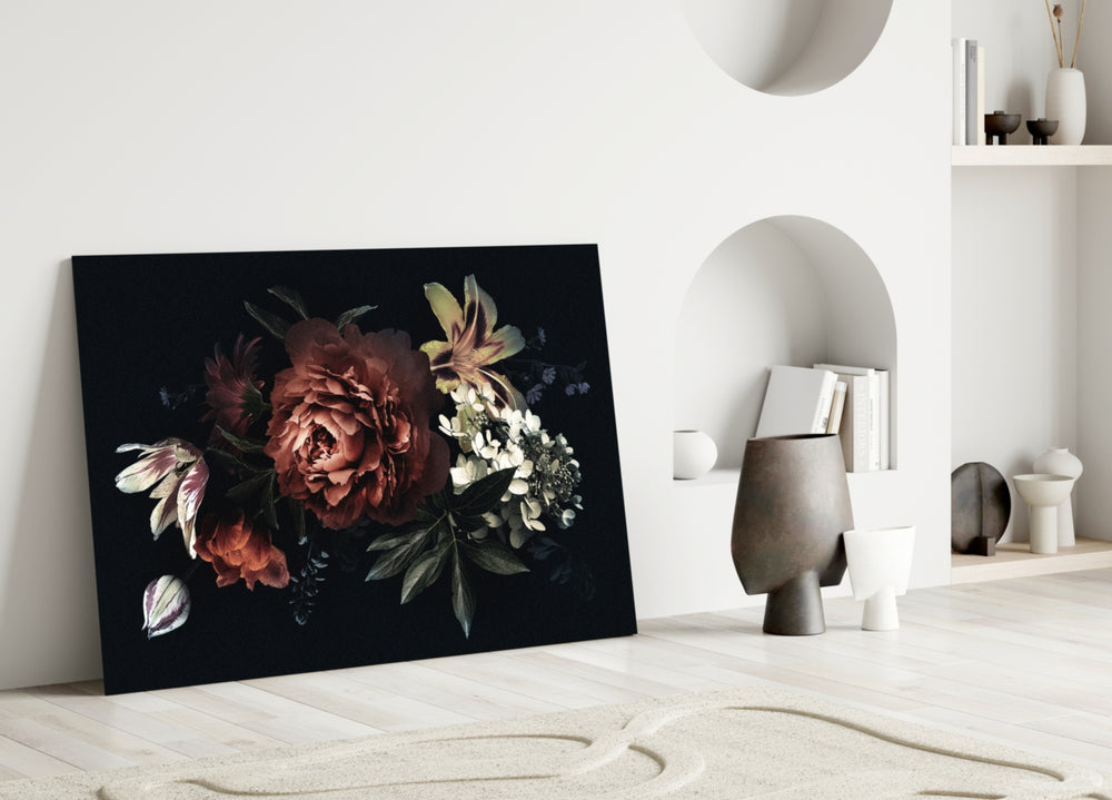 Close-up detail of crimson peony with white hydrangea and lily on black velvet
