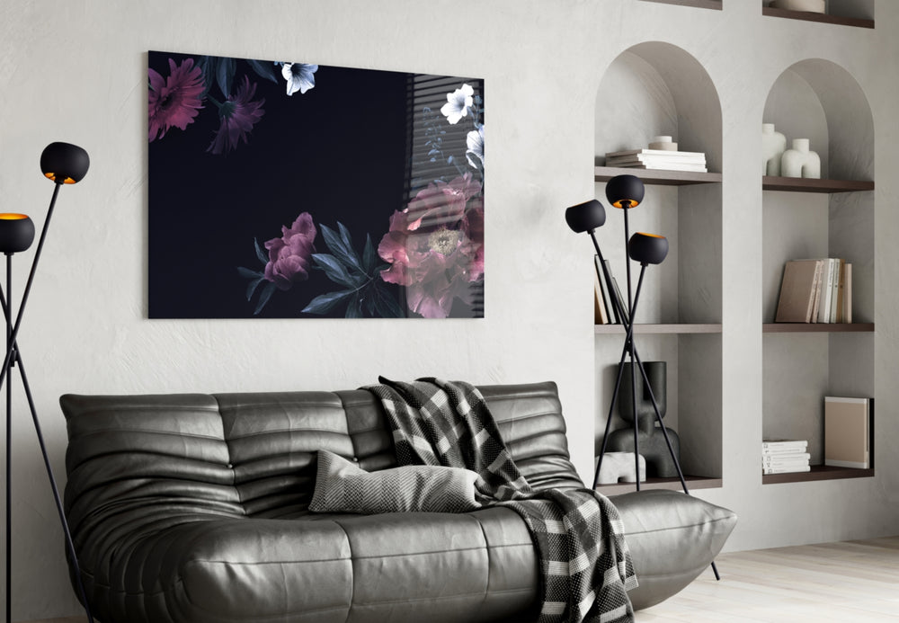 Floral Pattern glass wall art styled above a bed in an intimate bedroom