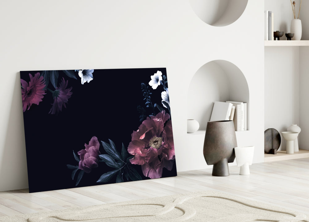 Close-up detail of magenta peonies and white petunias against deep navy