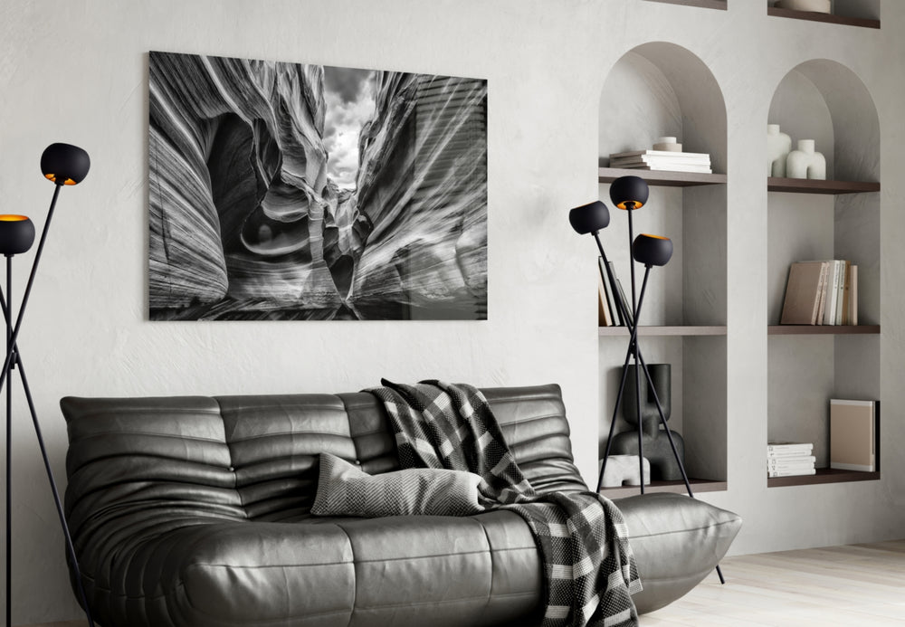 Grand Canyon glass wall art styled above a desk in an explorer-presence study