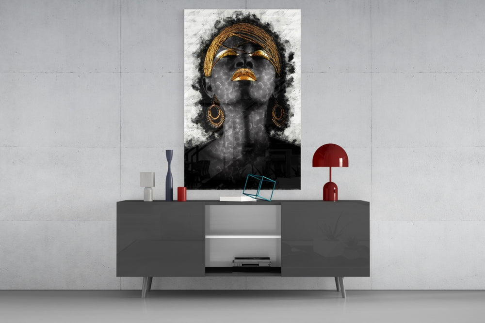 African Woman Portrait panel catching warm light to reveal its gold details