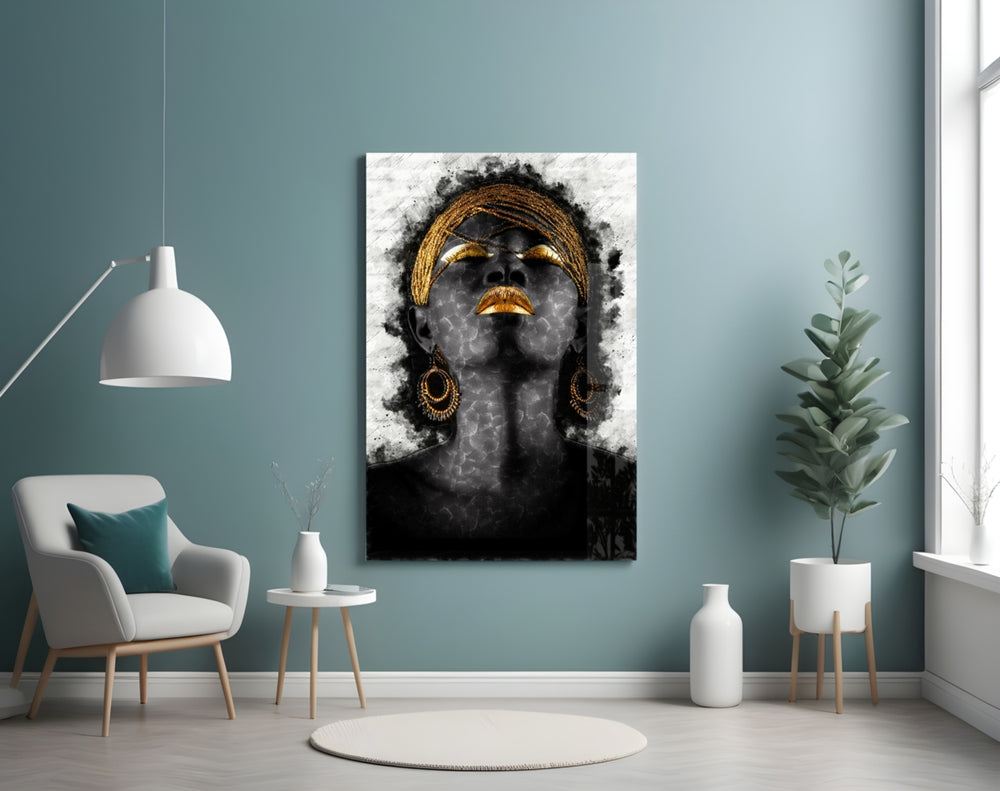 African Woman Portrait glass wall art styled above a bed in a bold-palette bedroom