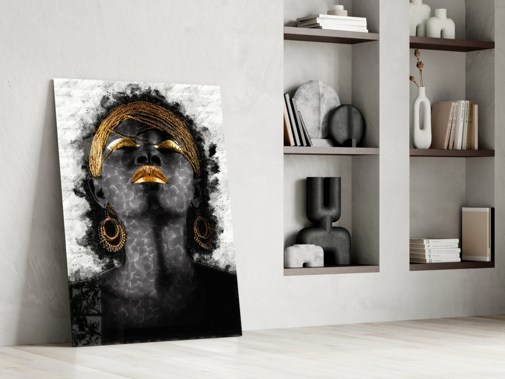 African Woman Portrait glass print enhancing a gallery-inspired hallway