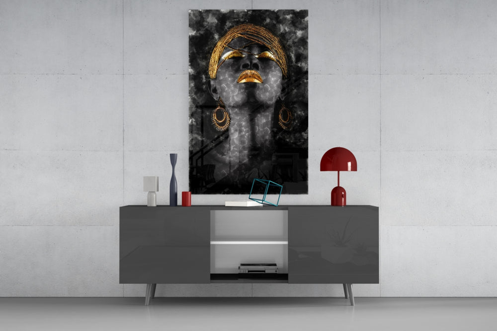 African Woman Portrait panel catching low light to reveal its gold details