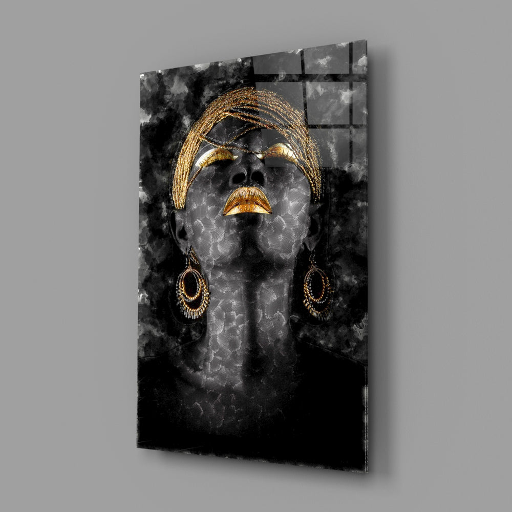 Dark-ground gold-braided portrait bringing moody palette to a contemporary living space