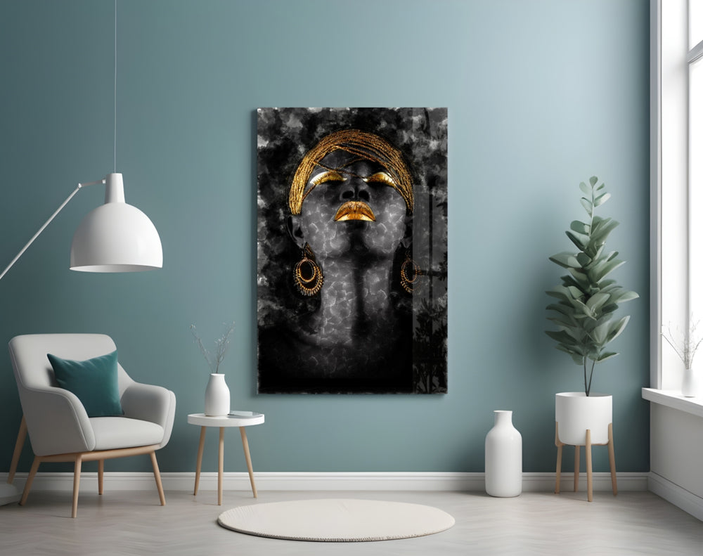 African Woman Portrait glass wall art styled above a bed in an after-dark bedroom