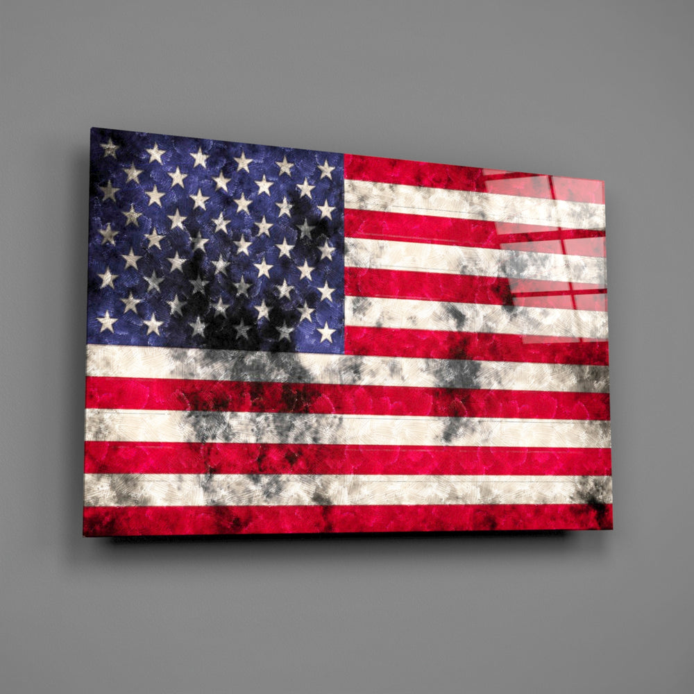 Distressed American flag panel bringing patriotic statement to a contemporary living space