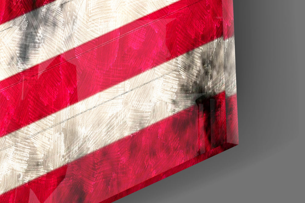 Flag of the United States artwork anchoring an entryway with patriotic palette