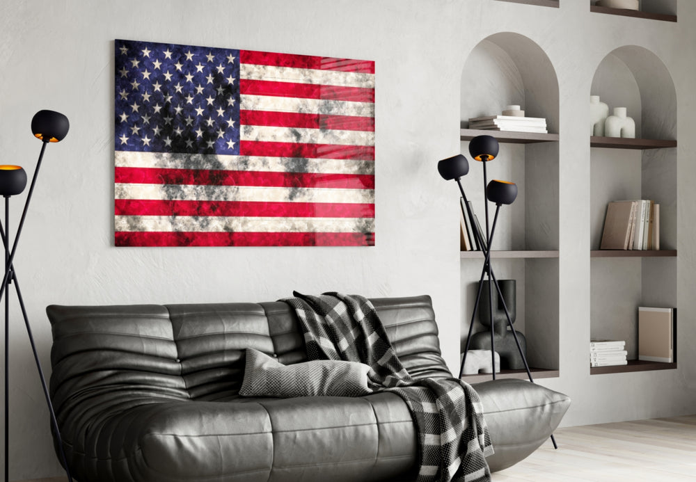 Flag of the United States glass wall art styled in an office with leadership presence