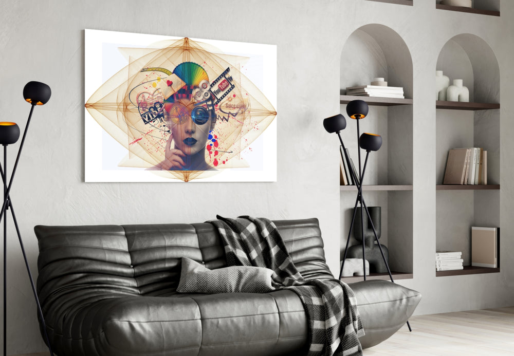 Online glass wall art styled in a creative studio