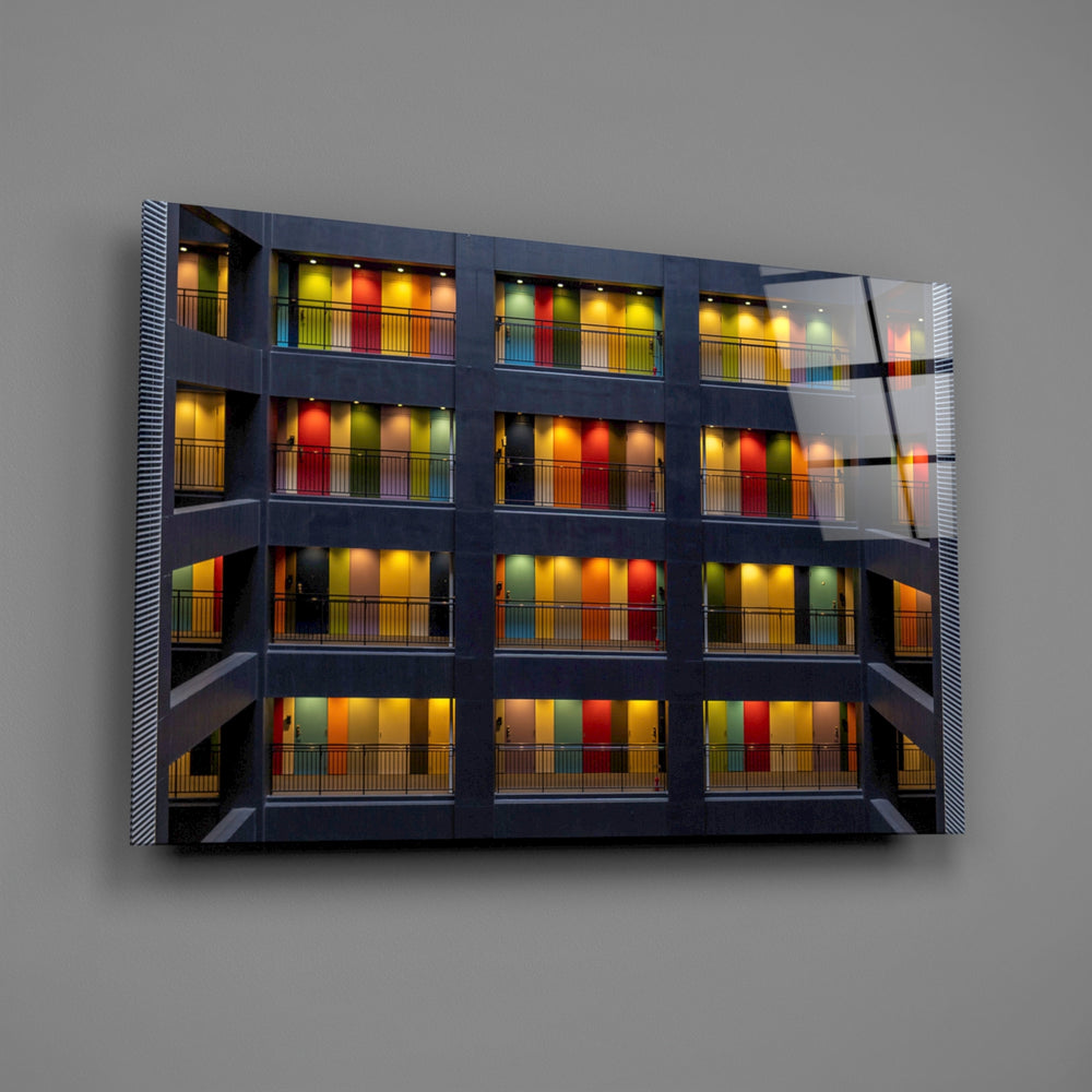 Rainbow-door façade panel bringing cosmopolitan warmth to a contemporary living space