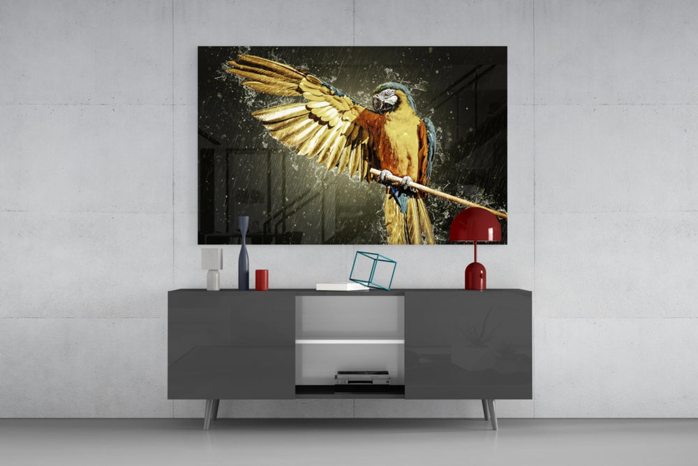 Parrot panel catching low light to reveal its arcing water droplets