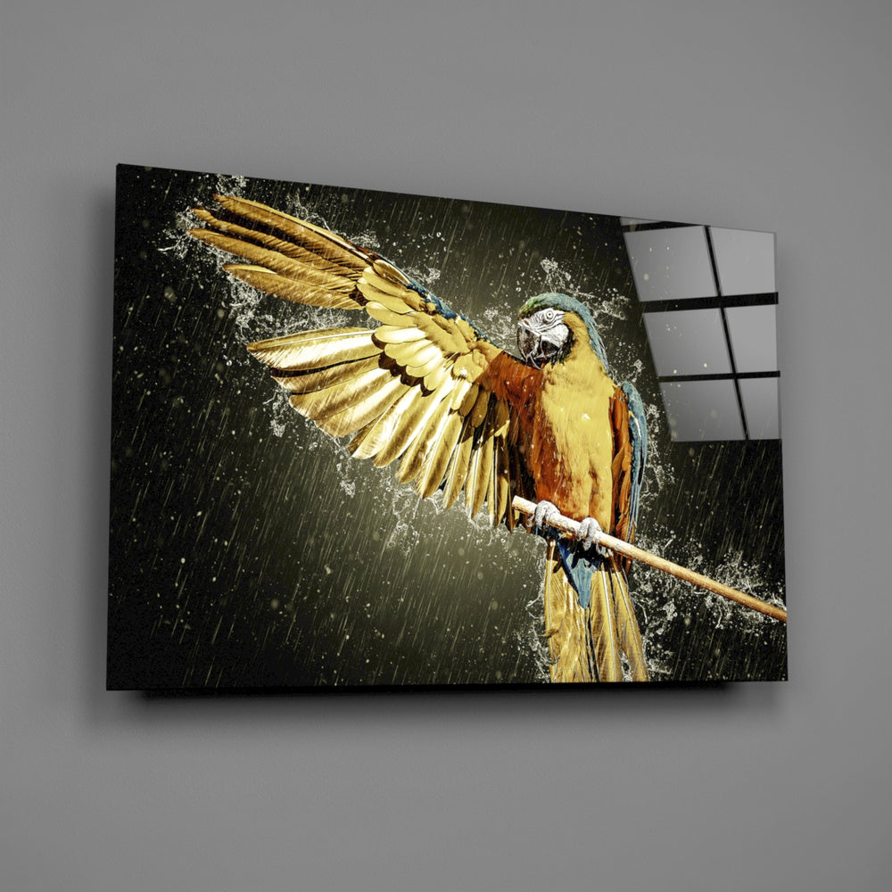 Blue-gold macaw panel bringing tropical pulse to a contemporary living space