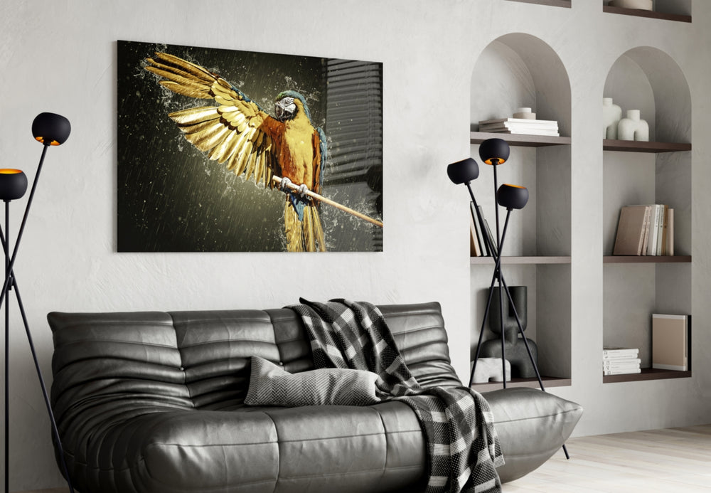Parrot glass wall art styled in a sunroom with tropical pulse