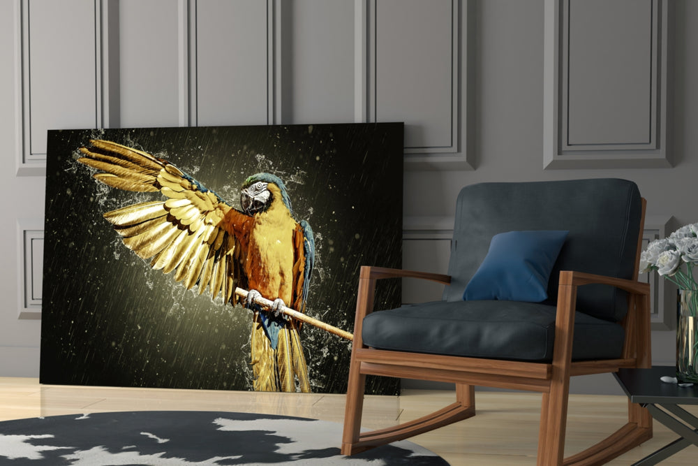 Parrot glass print enhancing a hallway with statement focal point