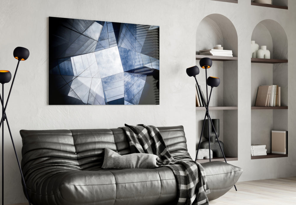 Geometric Architecture glass wall art styled in an executive office