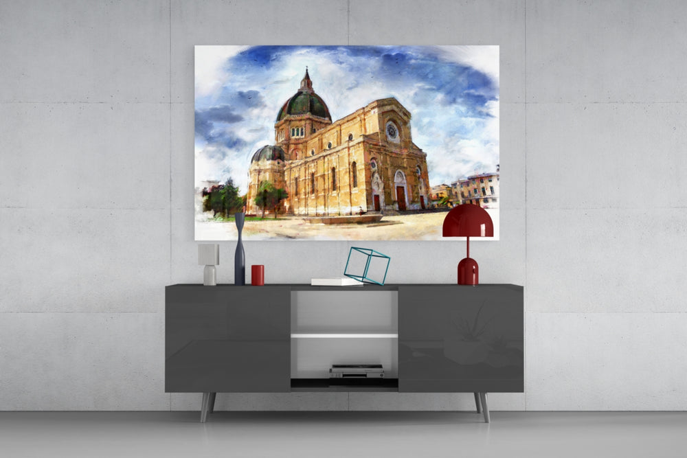 Historical Building panel catching daylight to reveal its watercolor sky