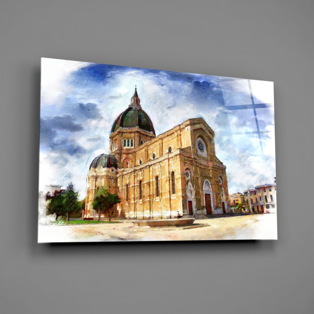 Watercolor cathedral panel bringing heritage warmth to a contemporary living space