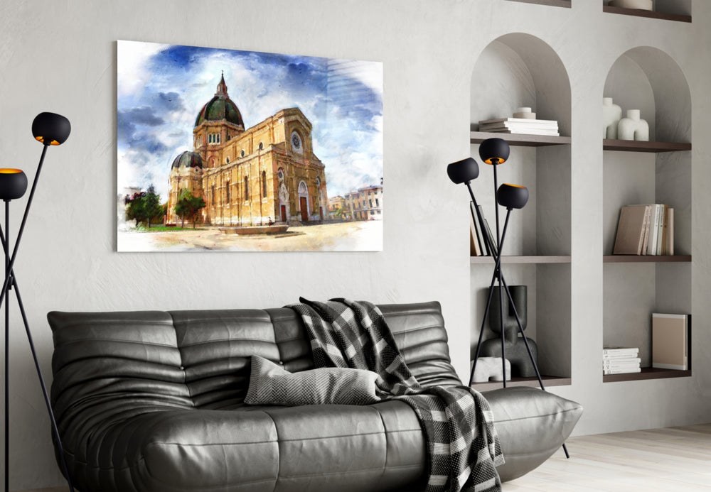 Historical Building glass wall art styled above a desk in a travel-memory study