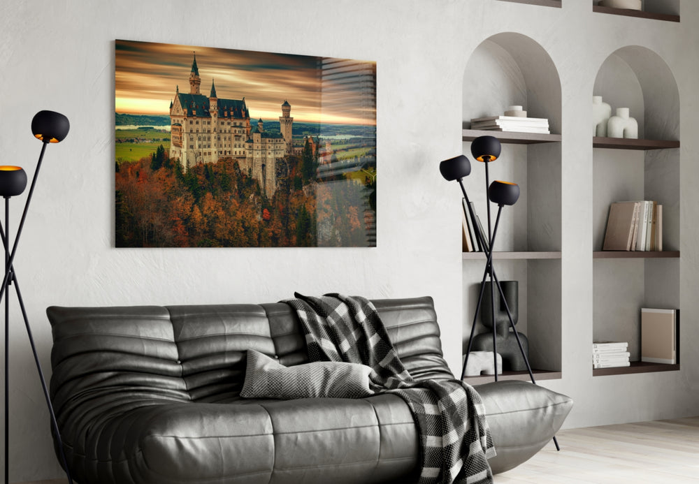 Castle glass wall art styled above a sofa in a romantic living room