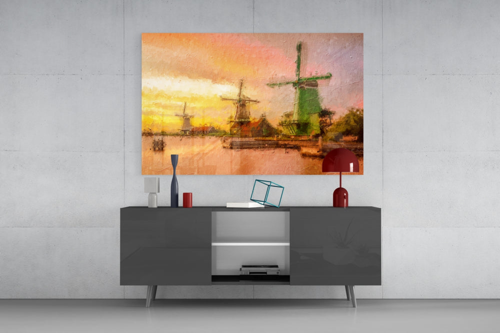 Windmills panel catching warm light to reveal its impasto canvas