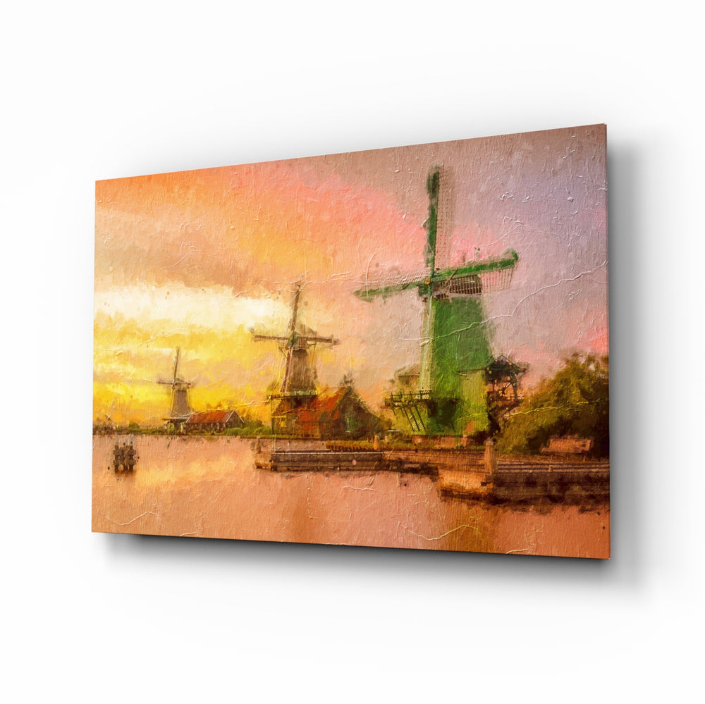 Windmills glass wall art displayed above a console in a designer interior