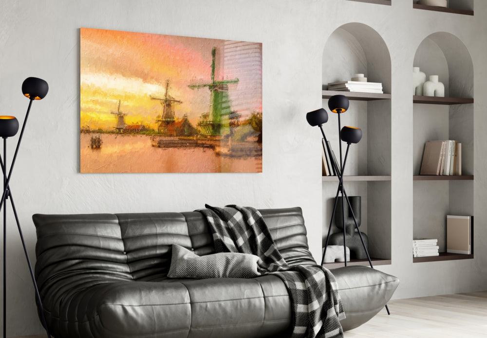 Windmills glass wall art styled above a sofa in a heritage-mood living room