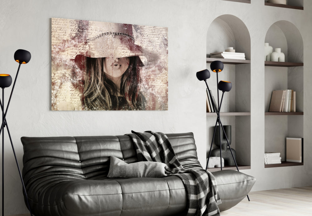 Girl in Retro Hat glass wall art styled above a bed in a vintage-mood bedroom