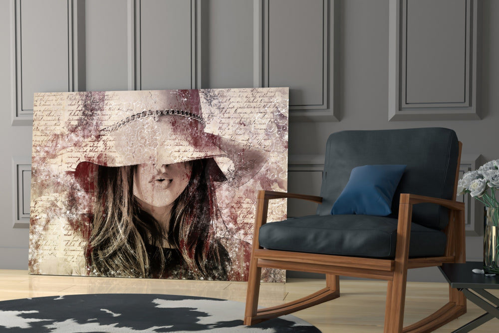 Girl in Retro Hat glass print enhancing a hallway with poetic pulse