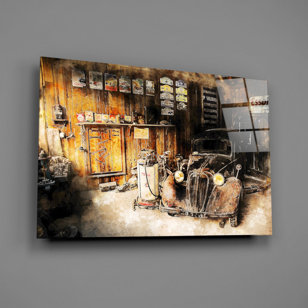 Vintage garage panel bringing collector warmth to a contemporary living space
