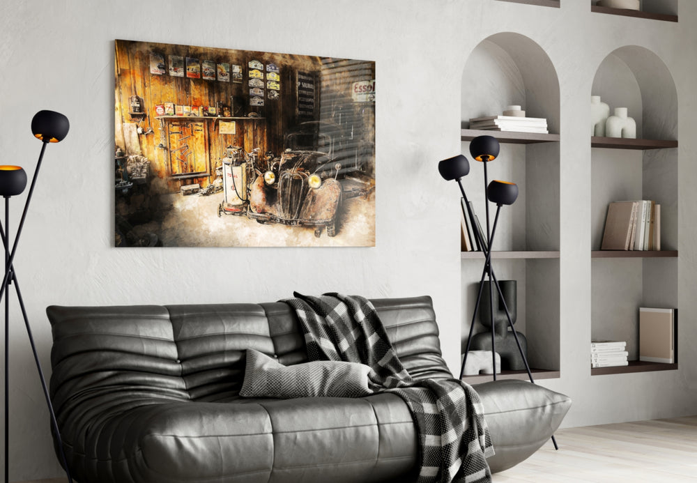Retro Old Garage glass wall art styled in a man's lounge