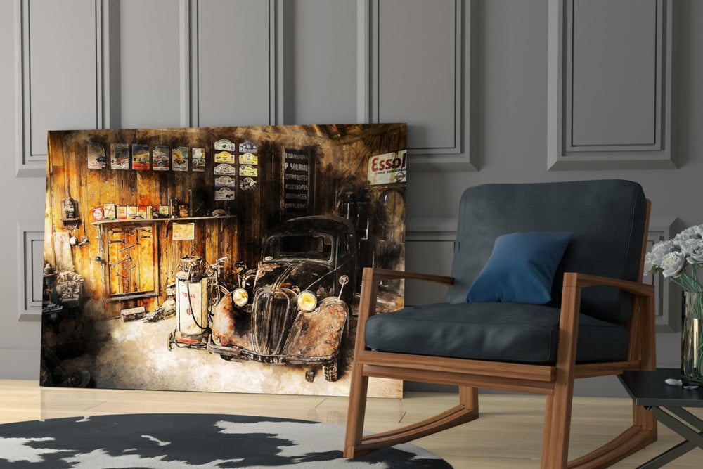 Retro Old Garage glass print enhancing a hallway with storied pulse